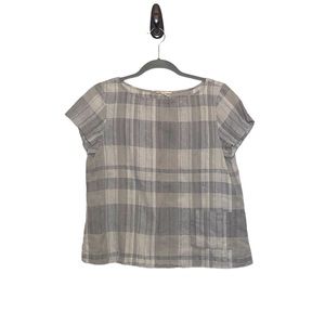 Eileen Fisher Women's Gray & White Plaid Print Linen Blend Cropped Blouse sz XS